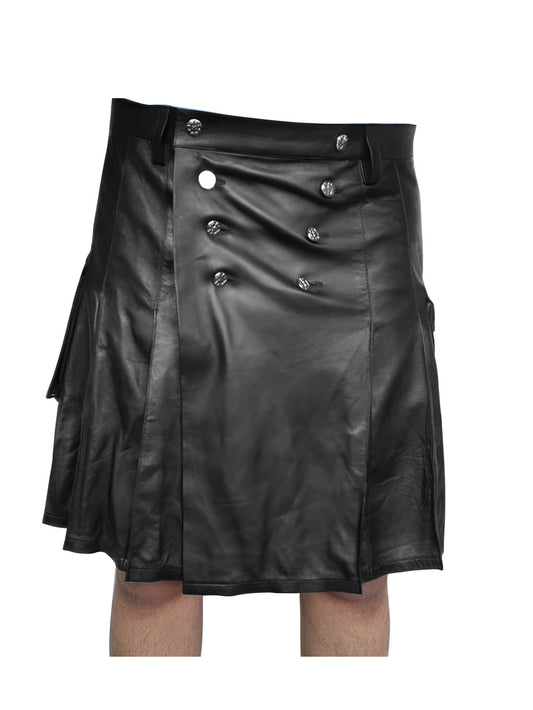 Ample Pleated Black Leather Kilt for Men