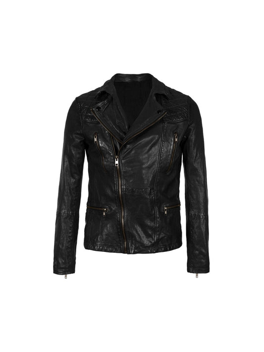 Asymmetric Fastening Genuine Leather Biker Jacket for Men - Leatherkin