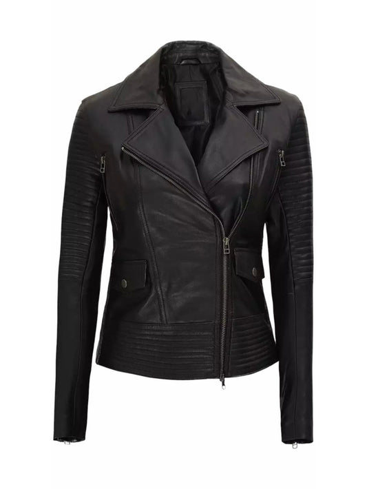 Asymmetric Zip Cuff Leather Moto Jacket - Leatherkin