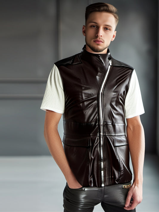 Gilet de moto en cuir véritable avec fermeture éclair asymétrique pour homme