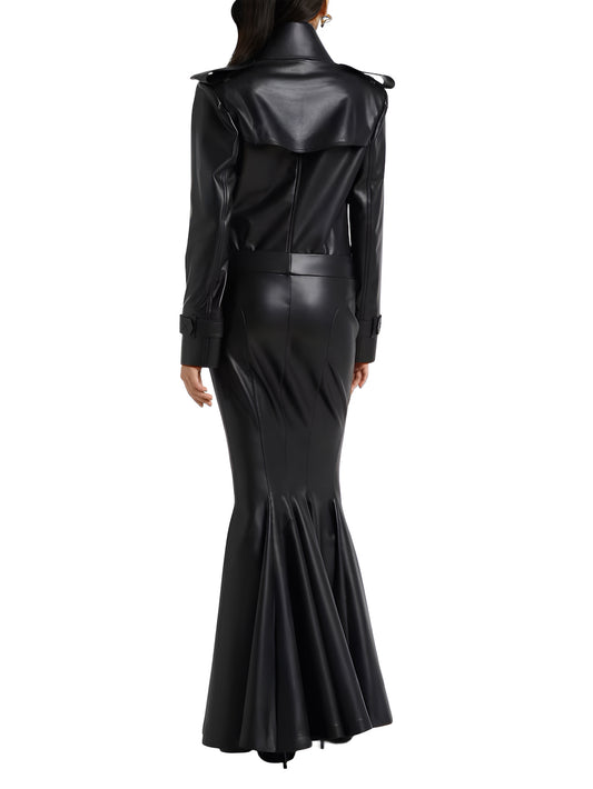 Aurora Full Black Leather Bodysuit with Long Skirt Set - Leatherkin