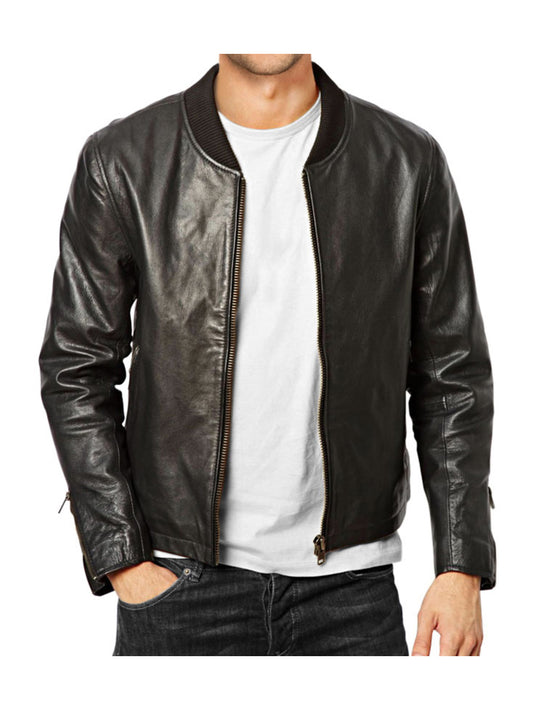 Band Collar Leather Bomber Jacket for Men - Leatherkin