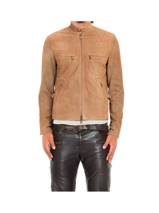 Beige Genuine Suede Leather Biker Jacket with D-Rings for Men - Leatherkin