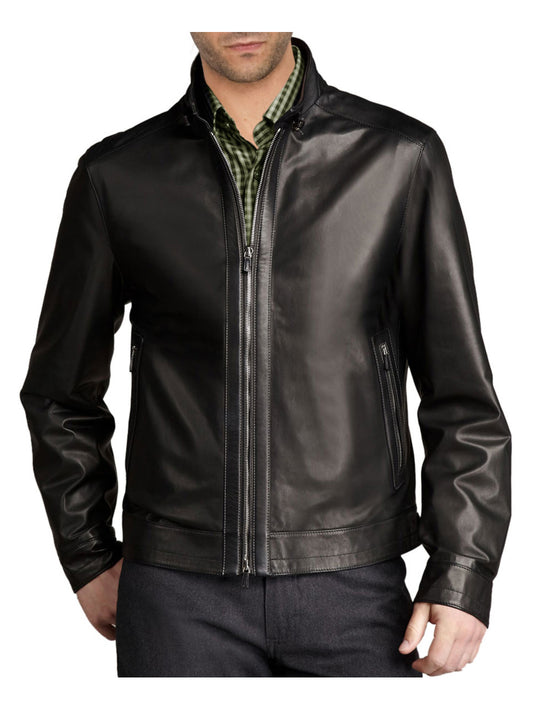 Belted Collar Style Leather Jacket - Leatherkin