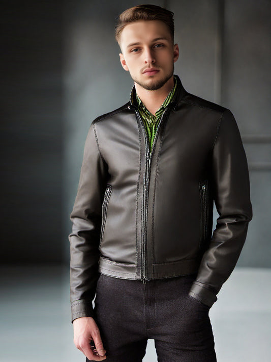 Veste en cuir style col ceinturé