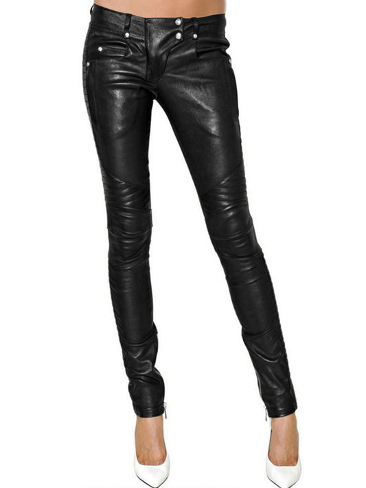 Pantalon en cuir à détails de coutures motard