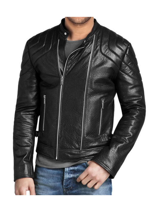 Biker Genuine Leather Jacket with Buckle Hip Tabs for Men - Leatherkin