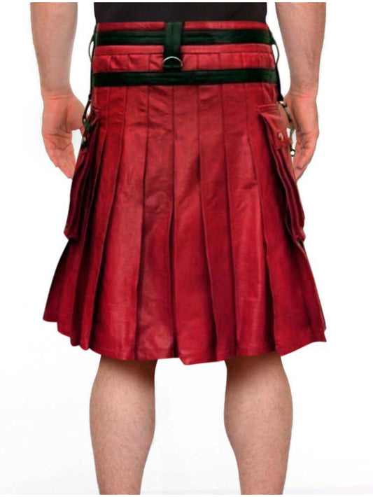 Black & Red Chain Studded Leather Kilt for Men - Leatherkin