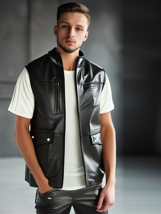Gilet de motard noir en cuir véritable avec poches à rabat pour homme