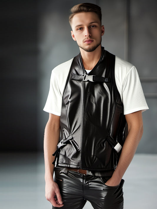 Gilet de moto noir en cuir véritable avec harnais à boucle pour homme