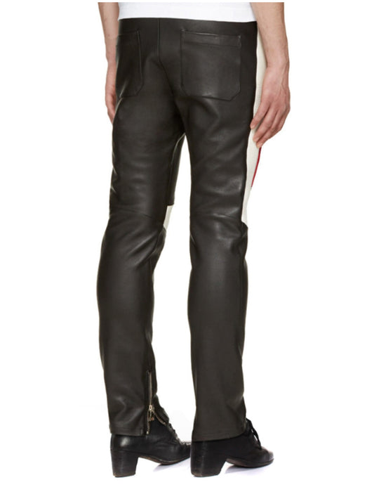 Black Ribbed Genuine Leather Color Block Pants for Men - Leatherkin