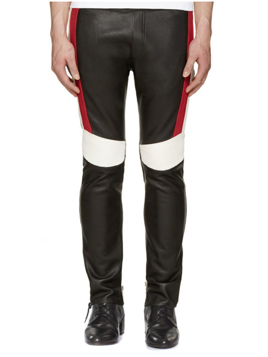 Pantalon en cuir véritable noir côtelé à blocs de couleur pour homme
