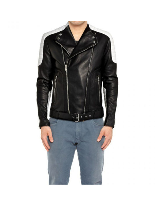 Black & White Belted Genuine Leather Jacket for Men - Leatherkin