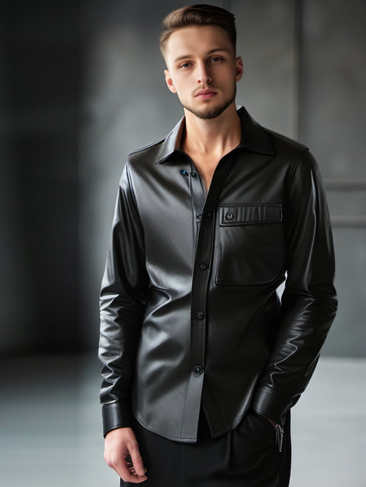 Chemise moulante en cuir véritable pour homme