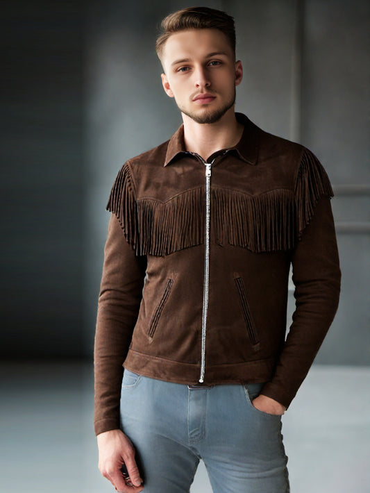 Veste en cuir suédé à franges marron