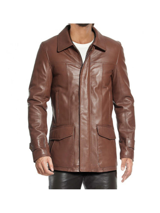 Brown Lambskin Leather Flap Pocket Coats for Men - Leatherkin