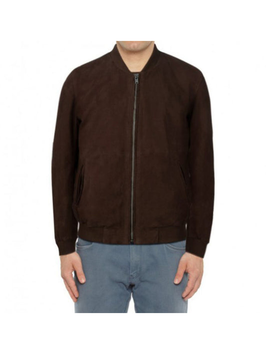 Brown Suede Leather Bomber with Round Collar for Men - Leatherkin