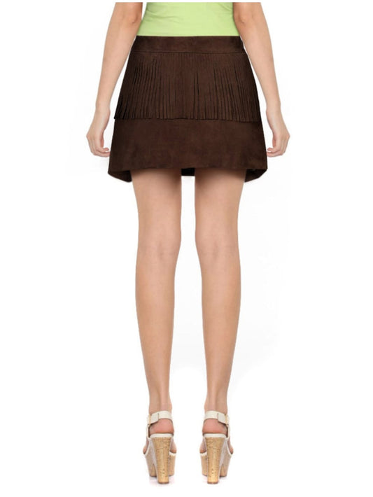 Brown Suede Fringe Leather Skirt - Leatherkin