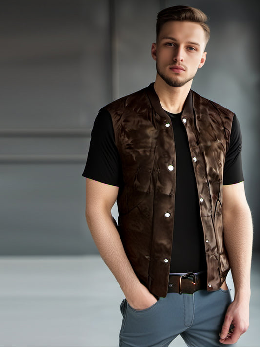 Gilet en cuir suédé marron véritable à col côtelé pour homme