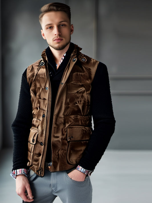 Gilet matelassé en cuir suédé véritable avec col à boucle pour homme