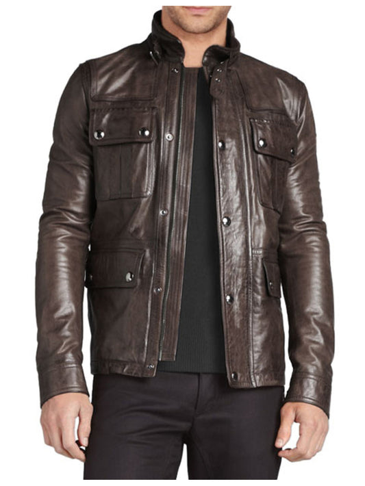 Buckled Stand Collar Leather Jacket - Leatherkin