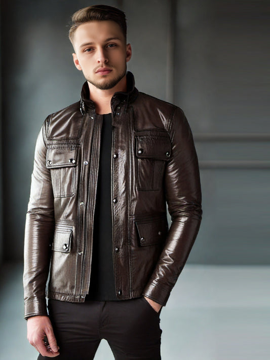 Veste en cuir à col montant et boucle