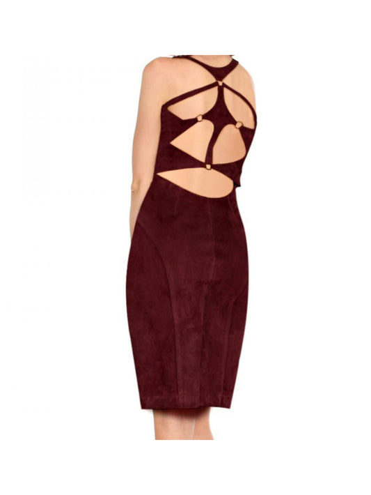 Burgundy Back-Cutout Suede Leather Dress - Leatherkin