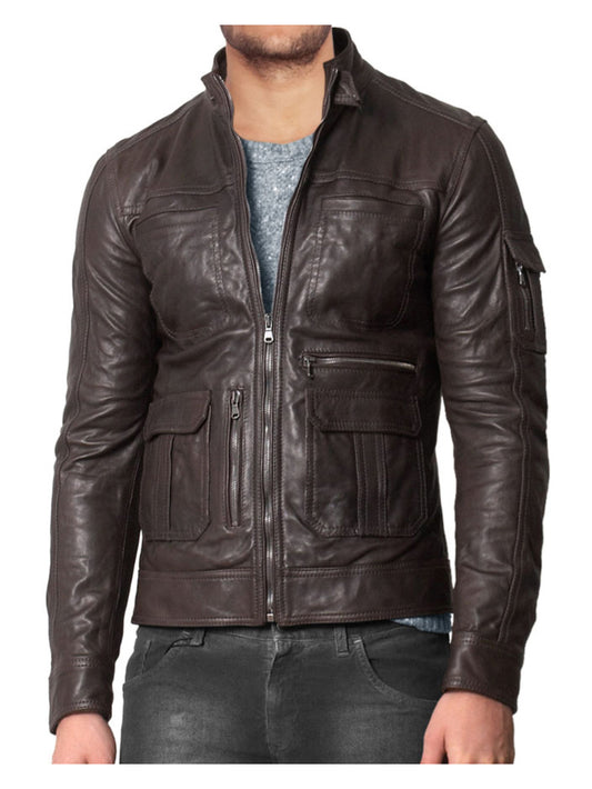 Button Cuff Leather Bomber Jacket for Men - Leatherkin