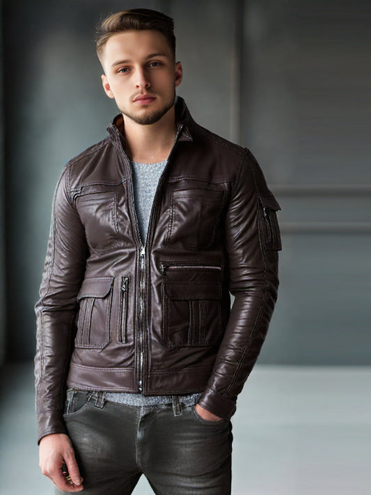 Blouson aviateur en cuir à poignets boutonnés pour homme