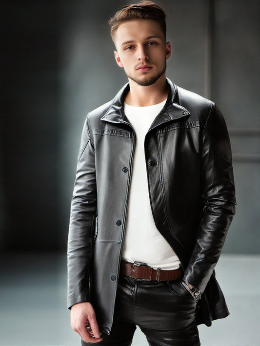 Manteau en cuir à poignets boutonnés et poches pour homme