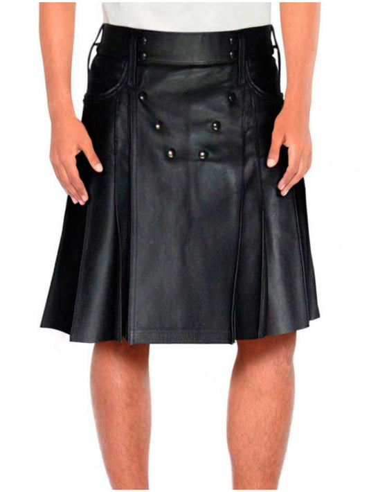 Button-Embellished Leather Kilt for Men