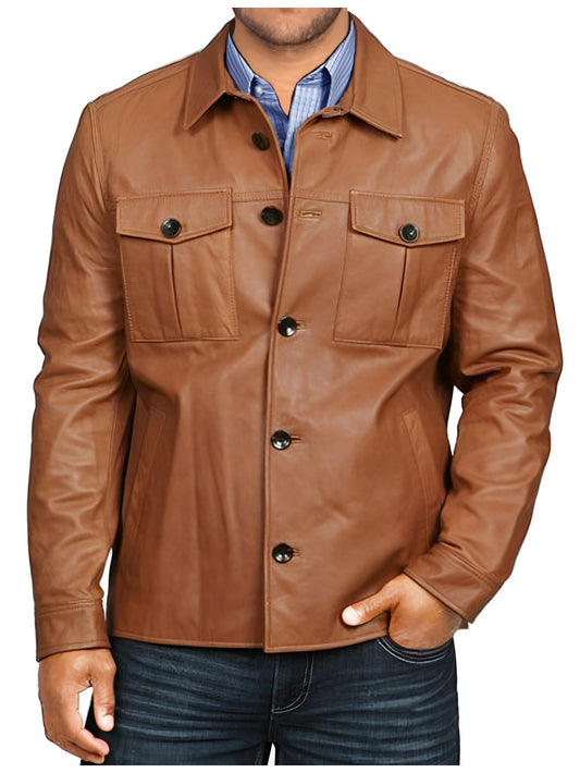 Button Flap Trendy Genuine Leather Shirt for Men - Leatherkin
