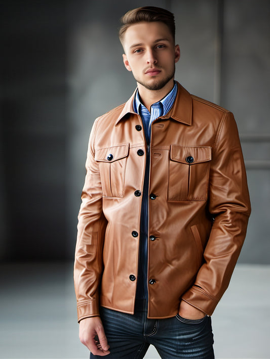 Chemise en cuir véritable tendance à rabat boutonné pour homme