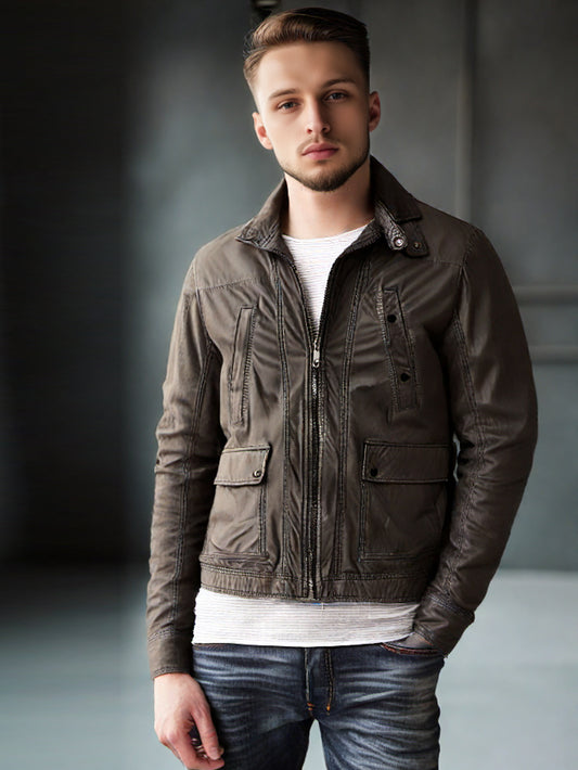 Veste en cuir décontractée à poches passepoilées
