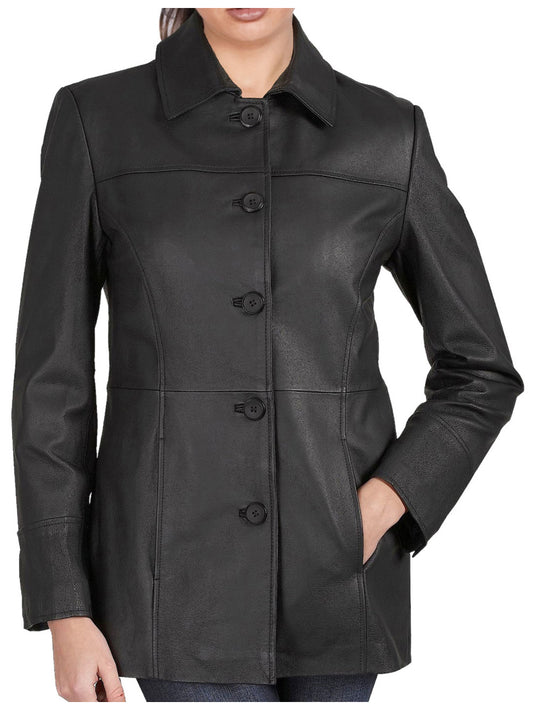 Classic Five-Button Leather Car Coat for Women - Leatherkin