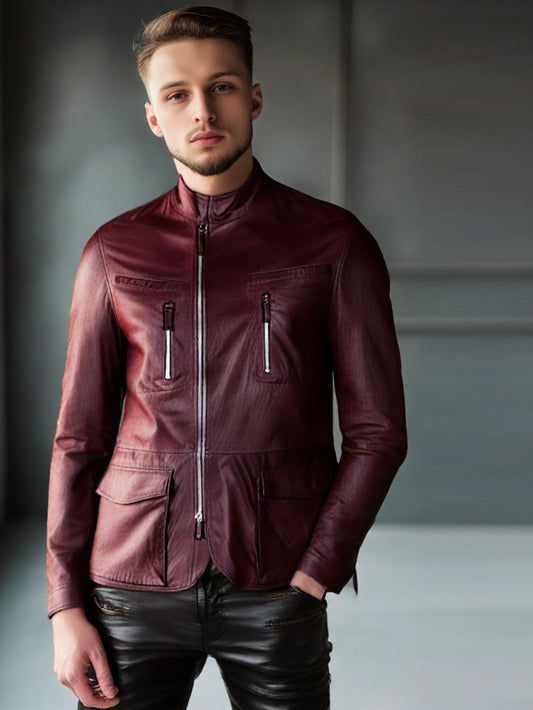 Veste en cuir classique à poche à rabat