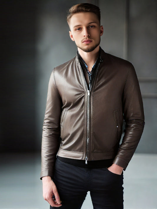 Blouson aviateur classique en cuir à ourlet pour homme