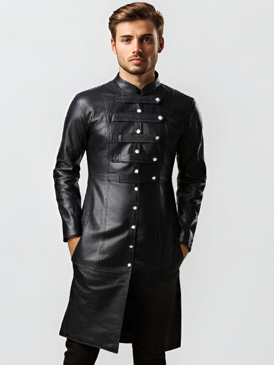 Manteau en cuir classique long boutonné pour homme