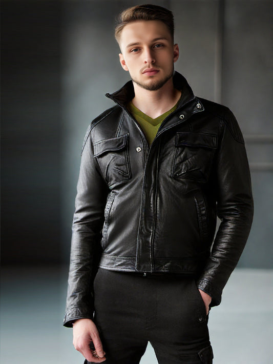 Veste en cuir véritable de style moto classique pour homme