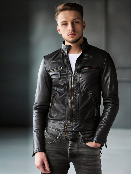 Veste de motard classique et élégante en cuir véritable pour homme