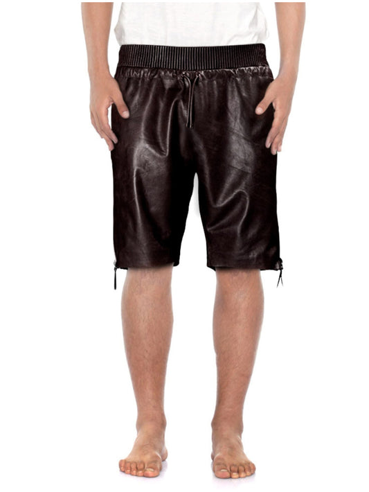 Short en cuir zippé sur le côté cognac pour homme