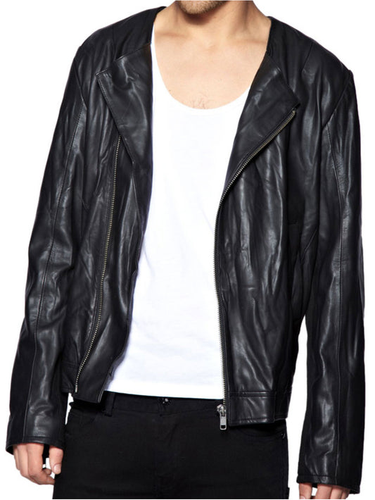 Collarless Chic Leather Jacket - Leatherkin