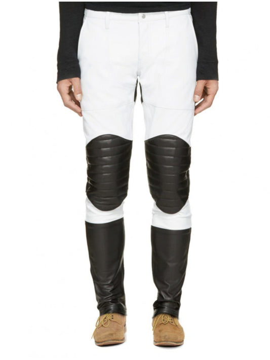 Pantalon matelassé en cuir véritable à blocs de couleurs pour homme