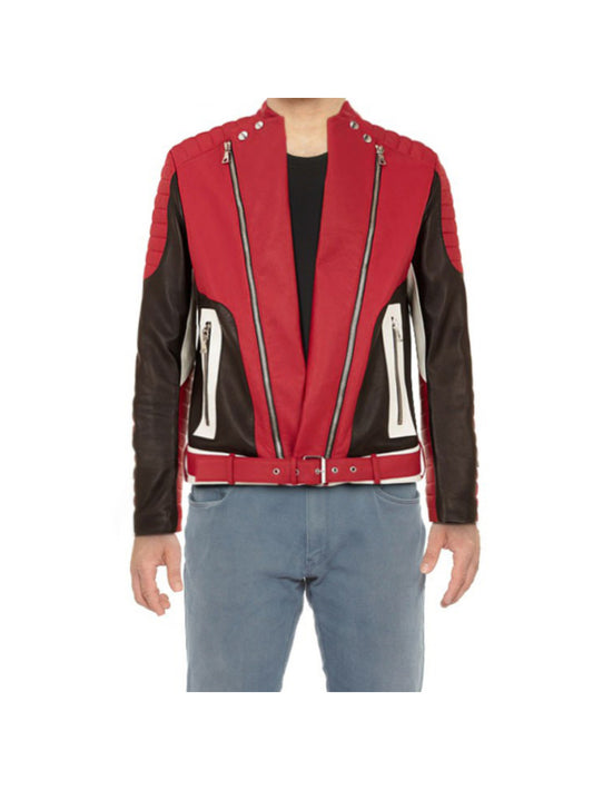 Color Block Red Genuine Leather Biker Jacket for Men - Leatherkin