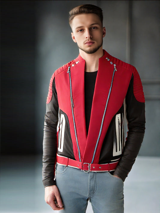 Veste de motard en cuir véritable rouge à blocs de couleurs pour homme