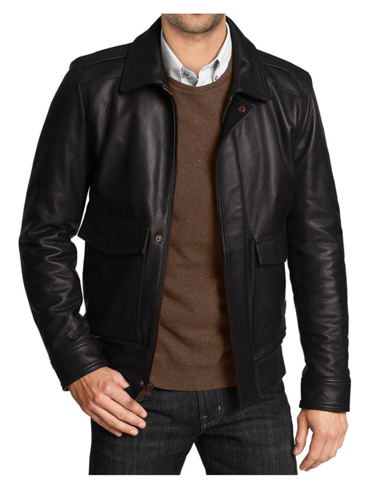 Concealed Snap Bomber Leather Jacket for Men - Leatherkin