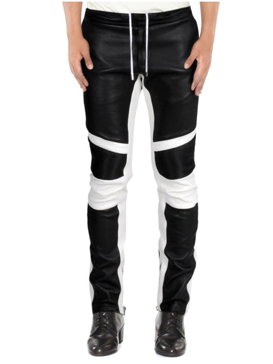 Pantalon en cuir d'agneau véritable à empiècements contrastés pour homme