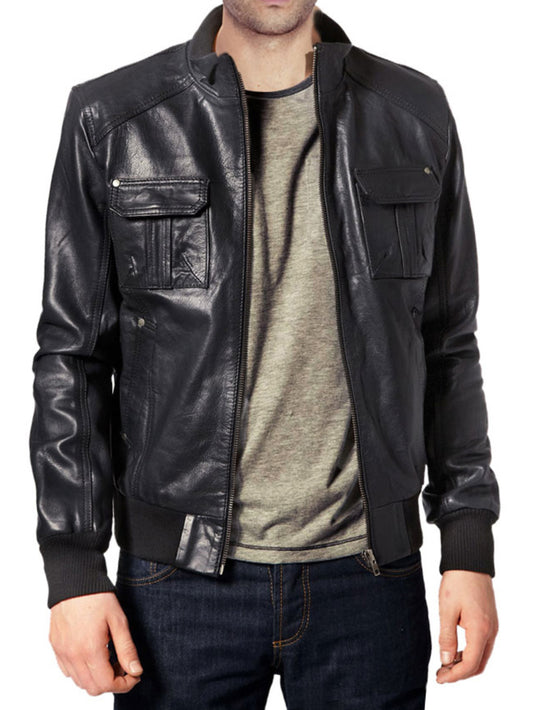 Contrast Rib Trim Leather Jacket - Leatherkin