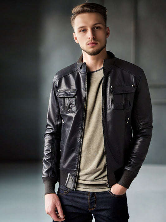 Veste en cuir à bordure côtelée contrastée