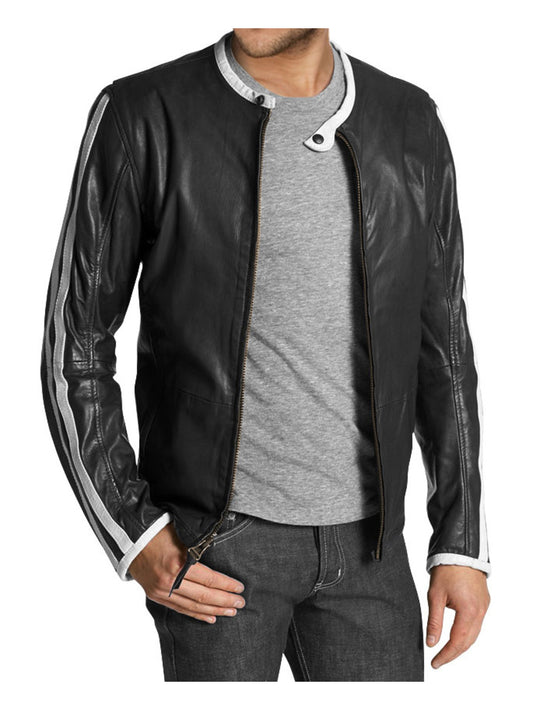 Contrast Stripe Men's Biker Genuine Leather Jacket - Leatherkin